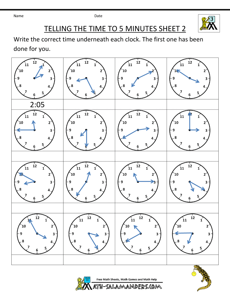 Telling Time Clock Worksheets To 5 Minutes â Worksheets Samples